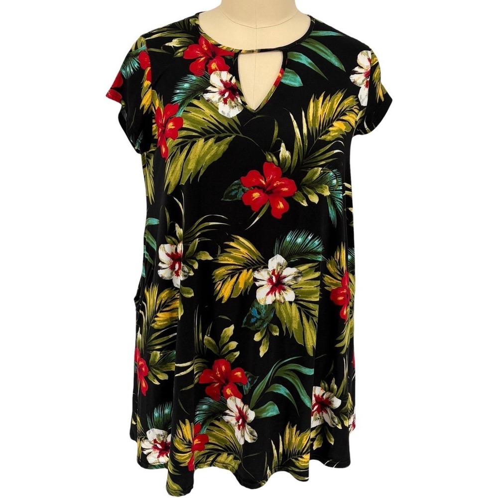 Vibe Sportswear Shift Dress Black Tropical‎ Floral Keyhole Pockets 2X